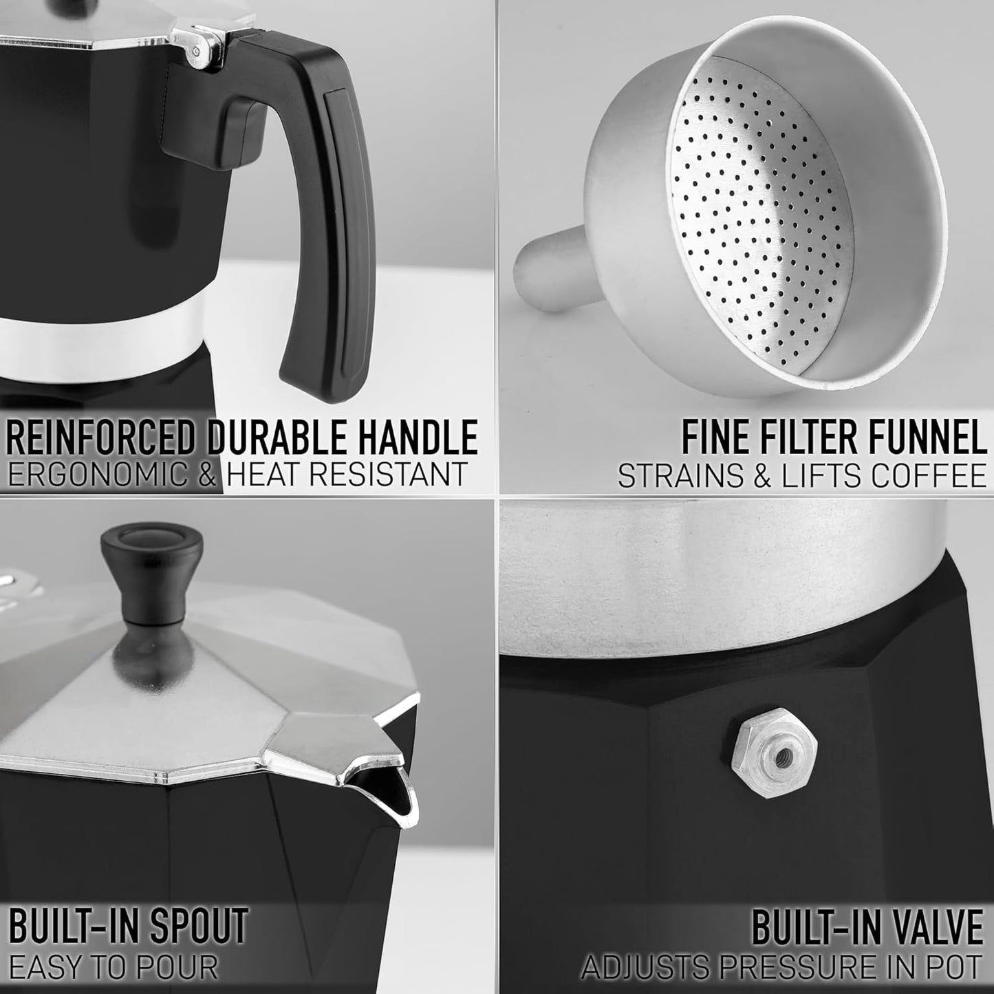 Zulay Moka Pot Espresso Stovetop Coffee Maker - Leak-Proof, Stainless Steel, Easy to Clean, Heat Resistant Handle & Knob - for Authentic Cuban & Italian Style Espresso - Makes 6 Espresso Cups - Black