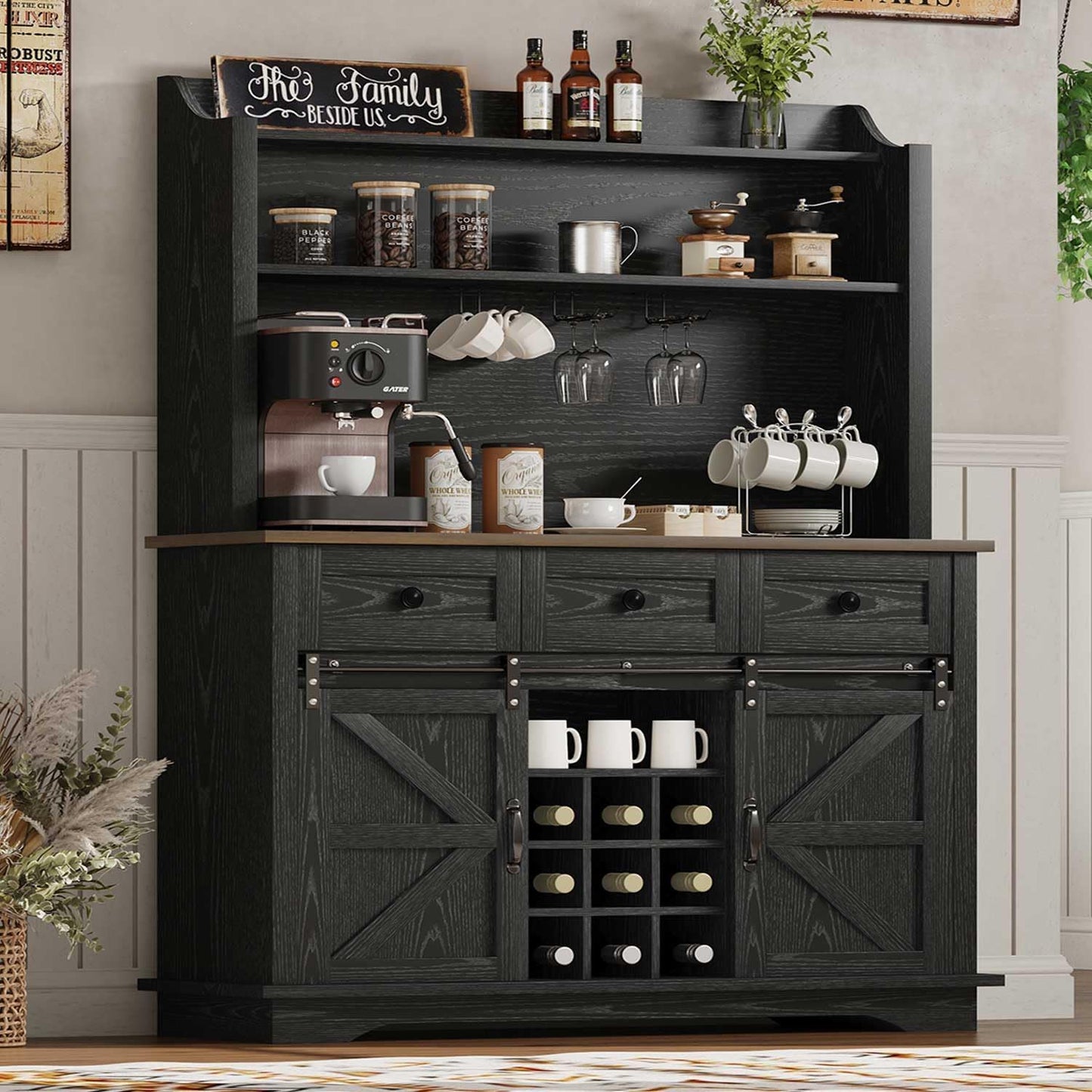 63 Inch Tall Coffee Bar Cabinet with 3-Tier Storage, Kitchen Hutch with 3 Drawers, Farmhouse Coffee Bar with 9 Racks & 3 Glass Holders, Wine Bar Cabinet for Living Dining Room, Black
