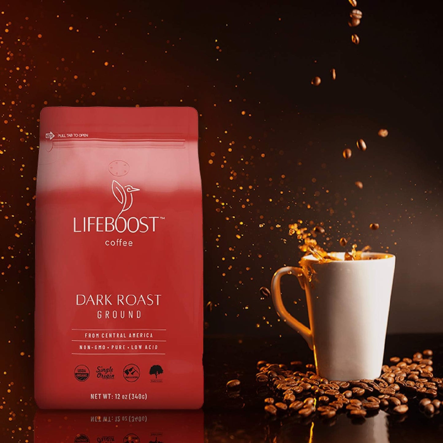 Lifeboost Dark Roast Ground Coffee - Non-GMO Low Acid Single Origin USDA Organic Dark Roast Coffee - Third Party Tested For Mycotoxins & Pesticides - 12 Ounces