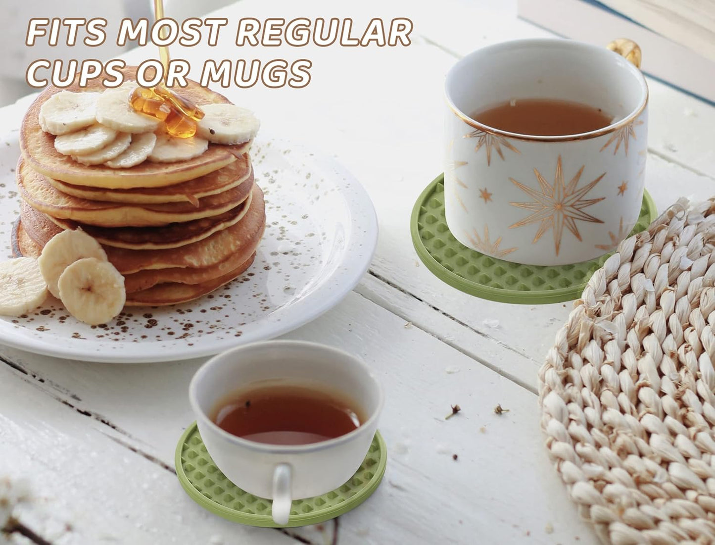 Coasters for Drinks 6 Pcs Plastic Coaster with Holder,Heat Resistant Silicone Cup Mat Tabletop Protection,Non-Slip Rubber Coasters for Kinds of Cups (Green)