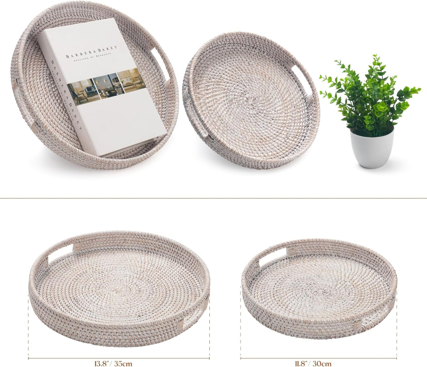 13.8 inch Round Rattan Tray, Decorative Coffee Table Tray, Ottoman Tray, Woven Serving Tray with Handles, Wicker Serving Basket, Whitewash