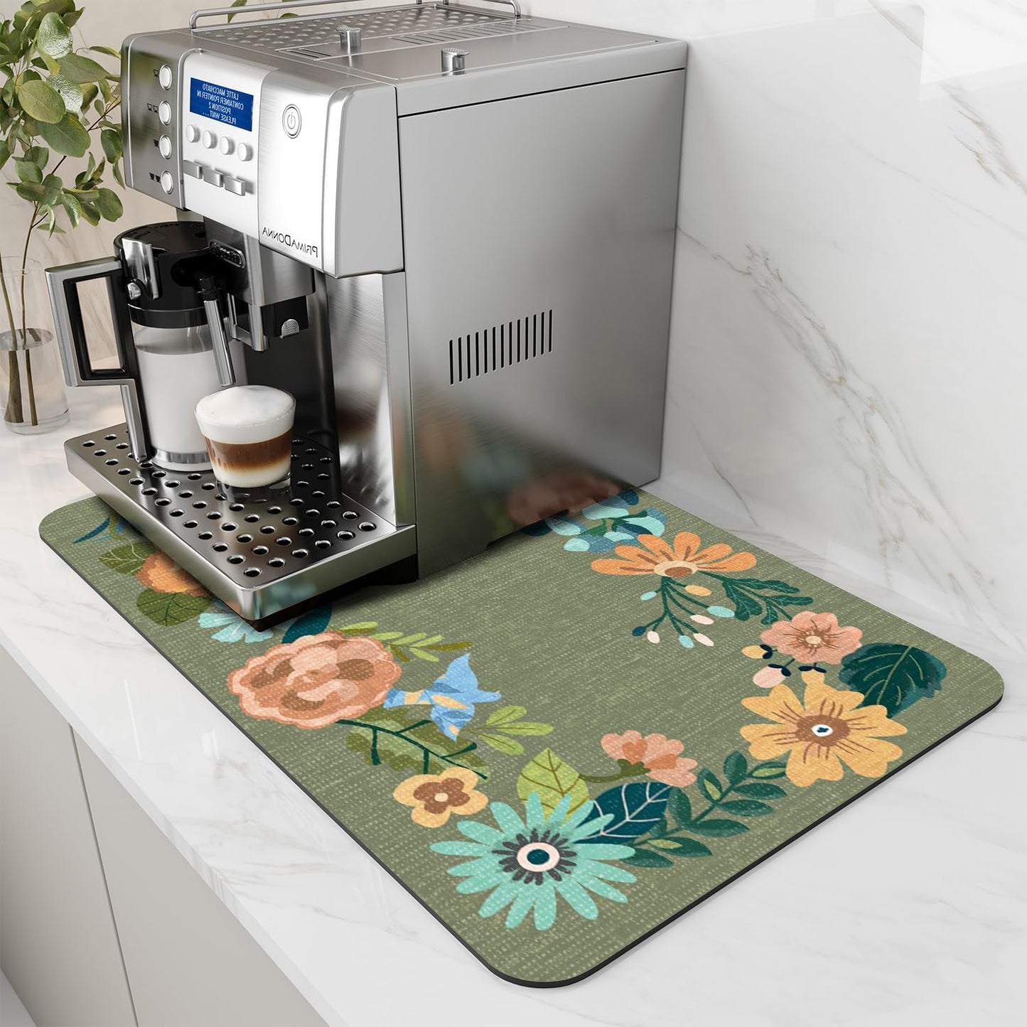 AMOAMI Coffee Mat Hide Stain Rubber Backed Absorbent Dish Drying Mat for Kitchen Counter - Fits Under Coffee Maker - Floral GREEN 12X19
