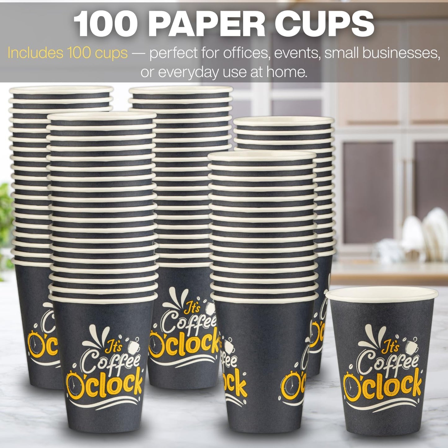 Smygoods Disposable Coffee Cups, To Go Paper Hot Cups, Coffee O'Clock Design (12 OZ, 100 Count) For Hot Beverages, Coffee, Tea, Espresso, Cocoa - Vasos Para Cafe