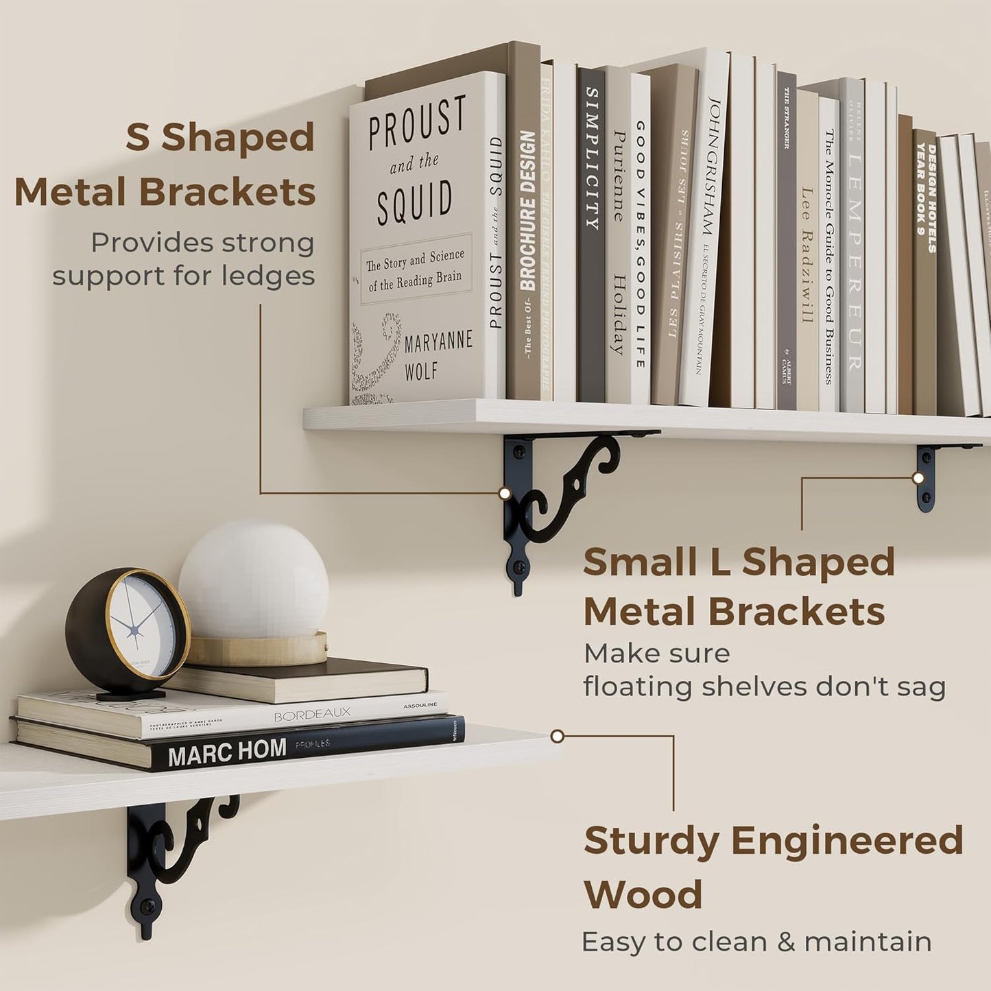 RICHFOCUS Floating Shelves for Wall Decor, 55.1W x 8D Shelves Set of 2, 8 Inch Deep Rustic Wood Shelves Wall Mounted with Brackets, Long Floating Shelves for Living Room Bedroom Kitchen, White