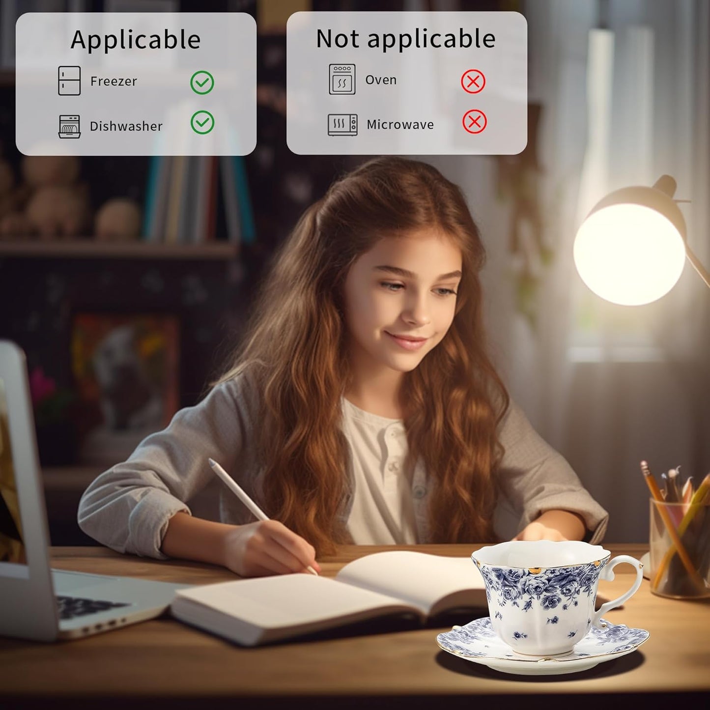 TATSUMI Country Roses Bone China Tea Cup and Saucer Set, 3 Pieces, Vintage Style, For Women and Tea Parties（sky blue，1 set）