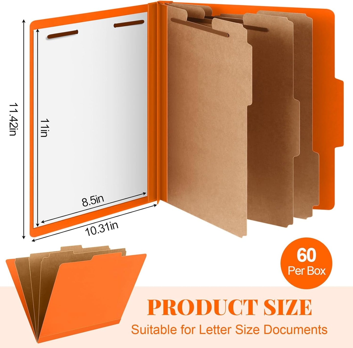 60 Pcs Classification Folders Letter Size, Back to School Supply for Teacher, Student, 3 Dividers Pressboard File Folder Bulk with 2 Fasteners, 3.5 Inch Expanding File Organizer (Orange)