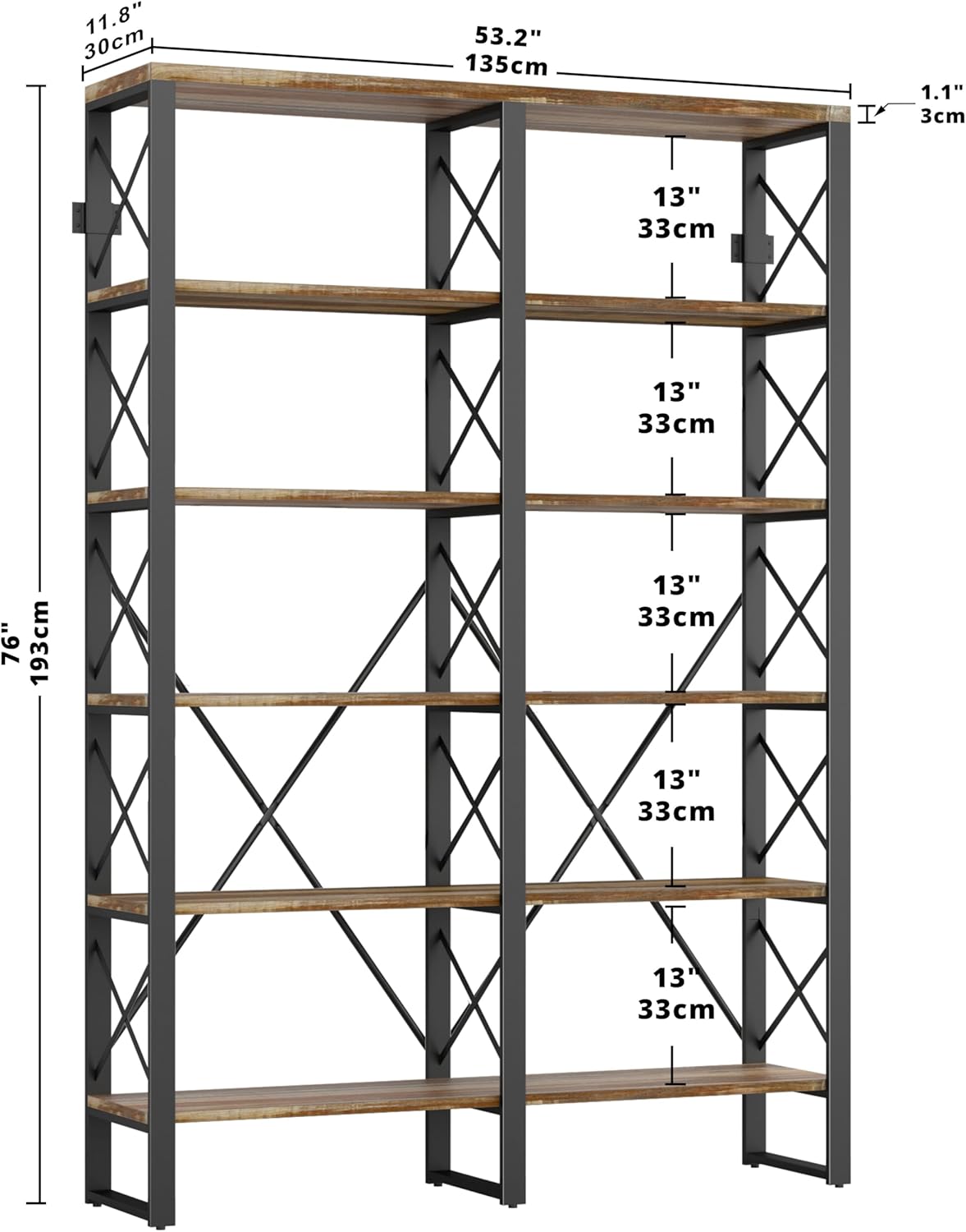IRONCK Bookshelves Double Wide 6-Tier 76" H, Open Large Bookcase, Industrial Style Shelves for Home Office, Easy Assembly