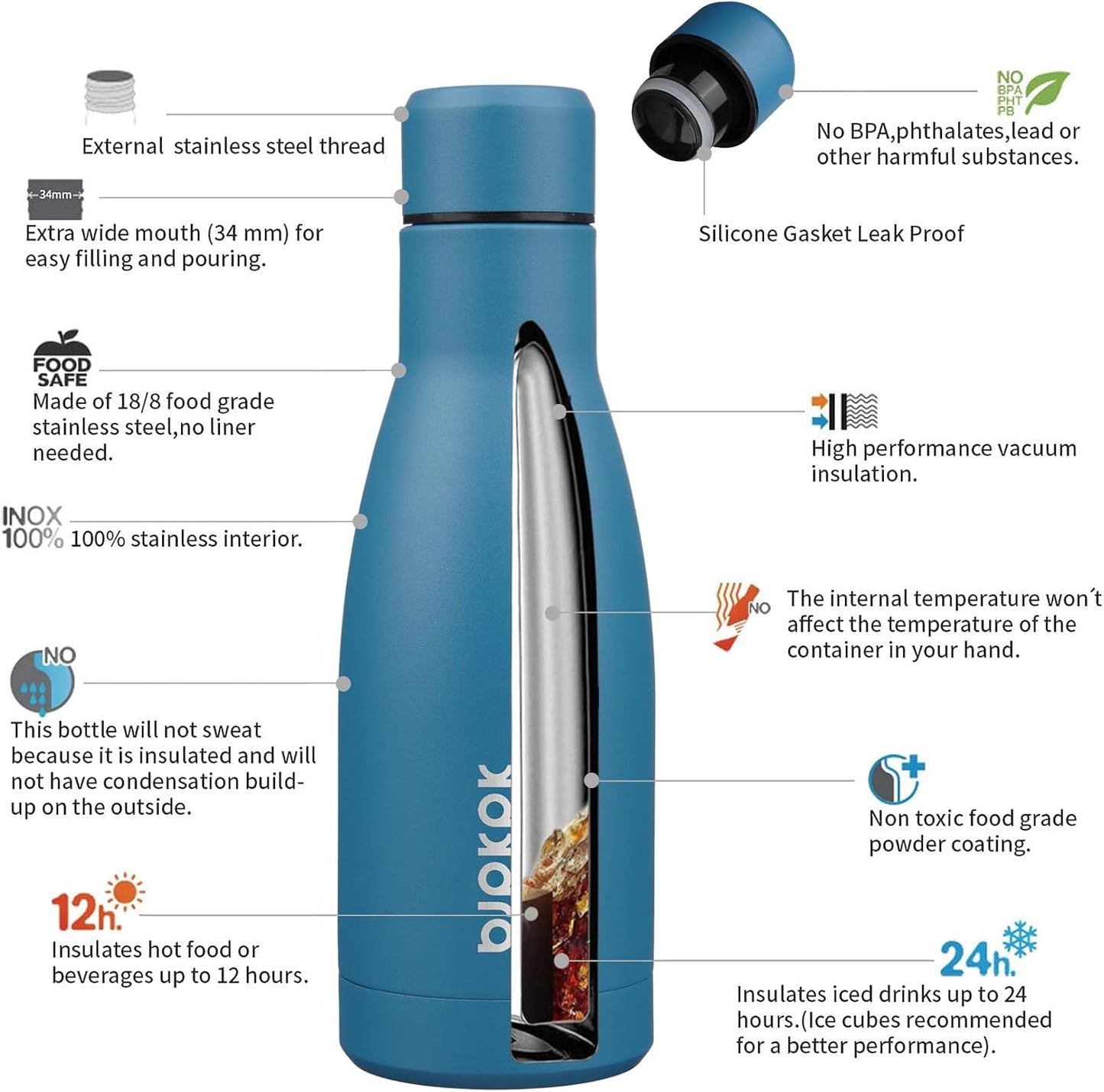 BJPKPK 12oz Water Bottles Stainless Steel Double Wall Vacuum Insulated Small Water Bottles for Travel,Sea Blue