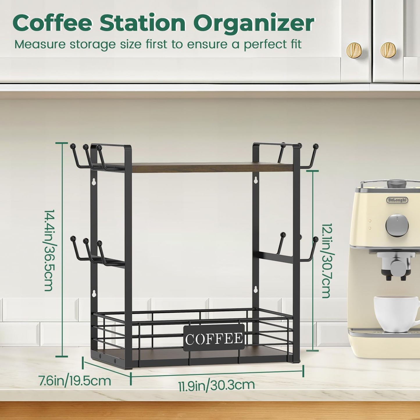 EsLuker.ly Coffee Mug Cup Holder Tree Bar Station Organizer, 2 Tier Mug Stand Rack for Countertop Kitchen, Storage Tower Display Shelf with 12 Hooks, Coffee Nook Enhancer, Brown-Black