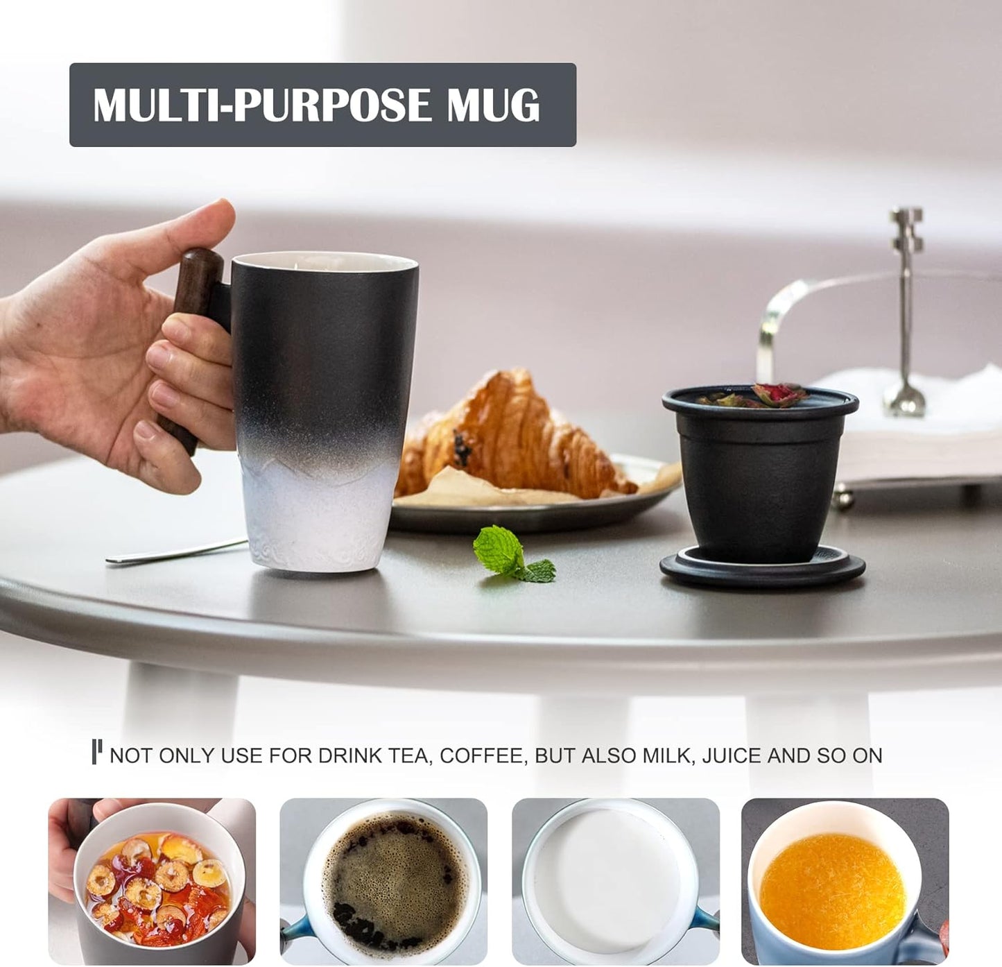 suyika Tomotime Ceramic Tea Cup with Infuser and Lid Tea Mugs Wooden Handle 400ml/13.5oz Black