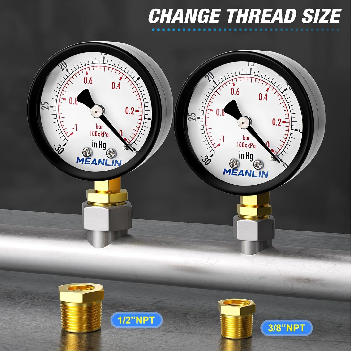 MEANLIN MEASURE -30inHG~0Psi Dry Vacuum Pressure Gauge, 2" DIAL FACE 1/4" NPT WOG Water Oil Air Pressure Test, Lower Mount, with 1/2" NPT and 3/8" NPT Hex Bushing