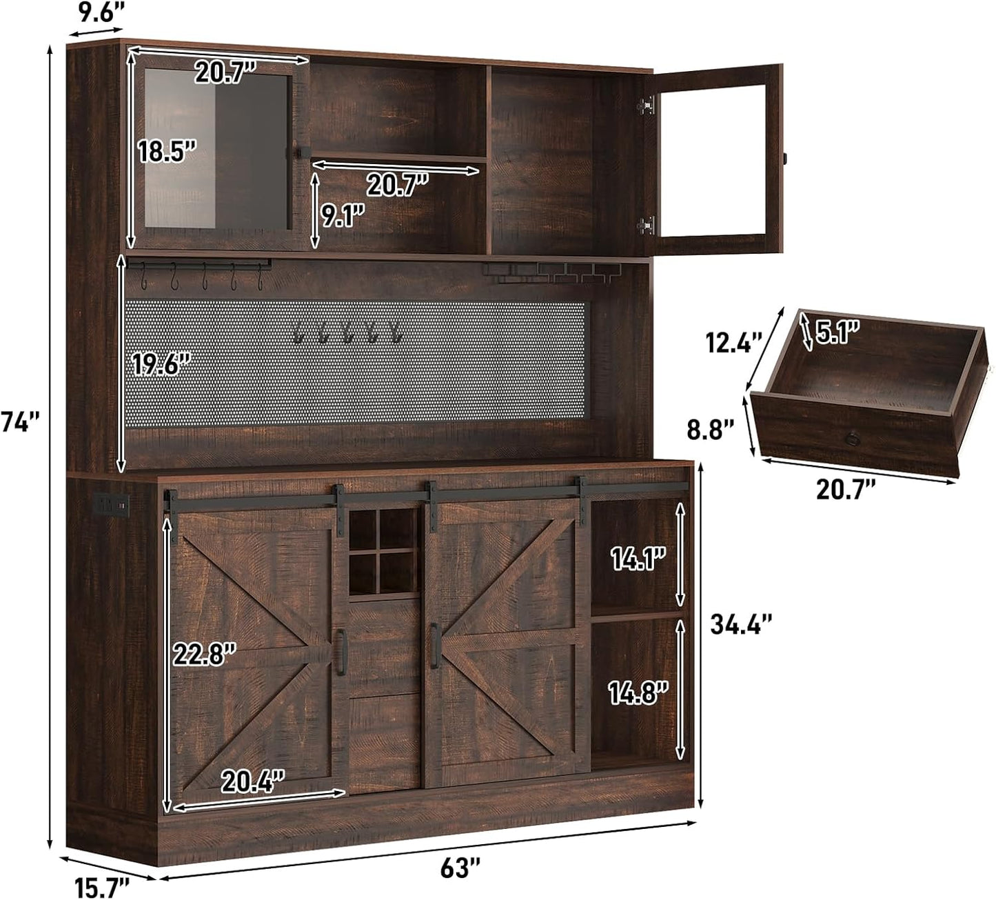 74" Tall 63" Wide Large Coffee Bar Cabinet w/Outlet,6000-color LED Light,Pegboard,Farmhouse Hutch Cabinet w/Barn Door,2 Big Drawers,Adjustable Shelves,10 Wine & Glasses Rack,5 Hook for Kitchen,Brown