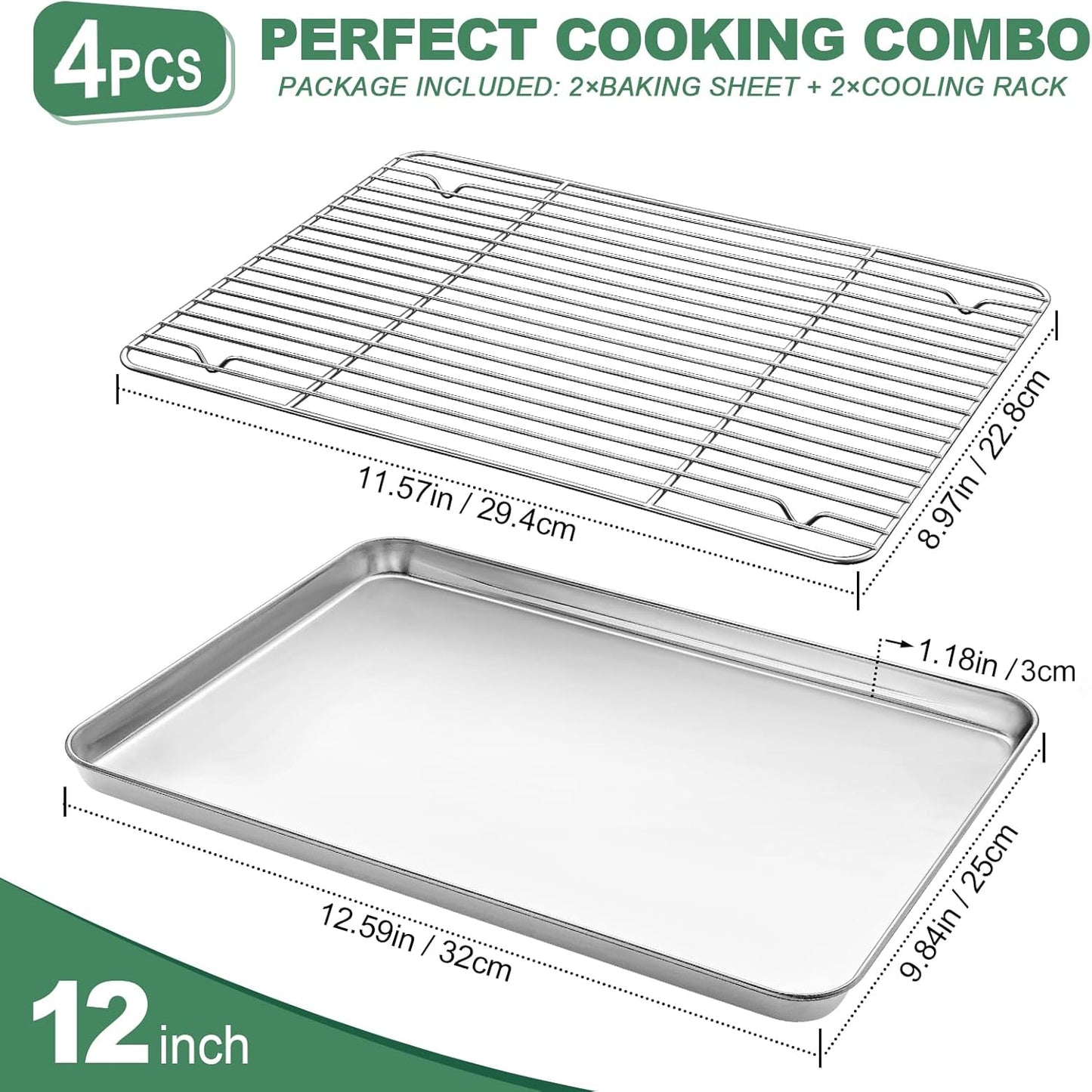 Stainless Steel Baking Sheets with Rack, HKJ Chef Cookie Sheets and Nonstick Cooling Rack & Baking Pans for Oven & Toaster Oven Tray Pans, Rectangle Size 12.5L x 10W x 1H inch & Non Toxic & Healthy