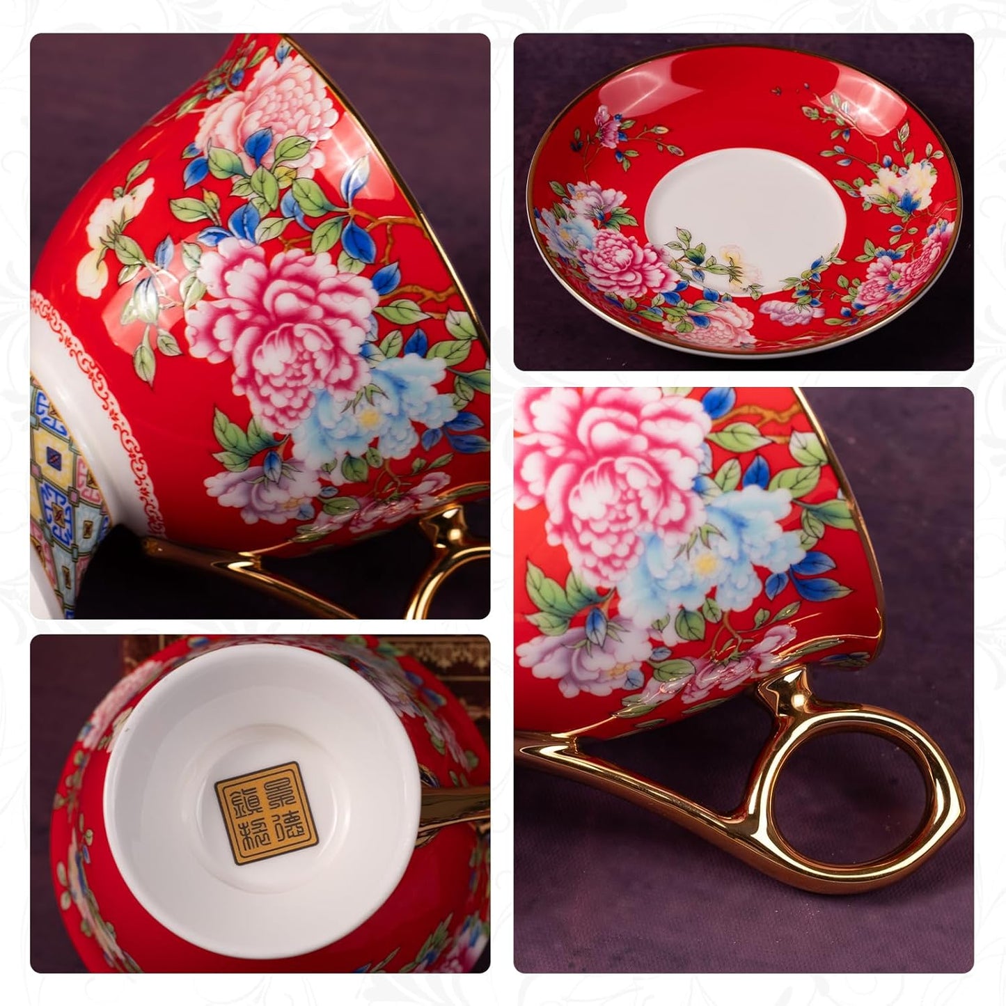 KAMMAK Tea Cups and Saucers Set of 2, Porcelain Coffee Cup with Saucer for Espresso, Cappuccino, 9.8oz Vintage Yellow Floral Ceramic Demitasse Mug for Home, Tea Party, Office