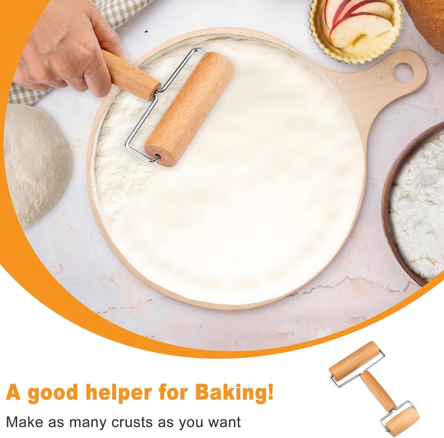 2Pcs Pizza Dough Roller & Dough Docker, Wood Rolling Pin Stainless Steel Dough Hole Puncher for Pizza, Pie, Pastry, Bread, Pasta, Cookie, Crust