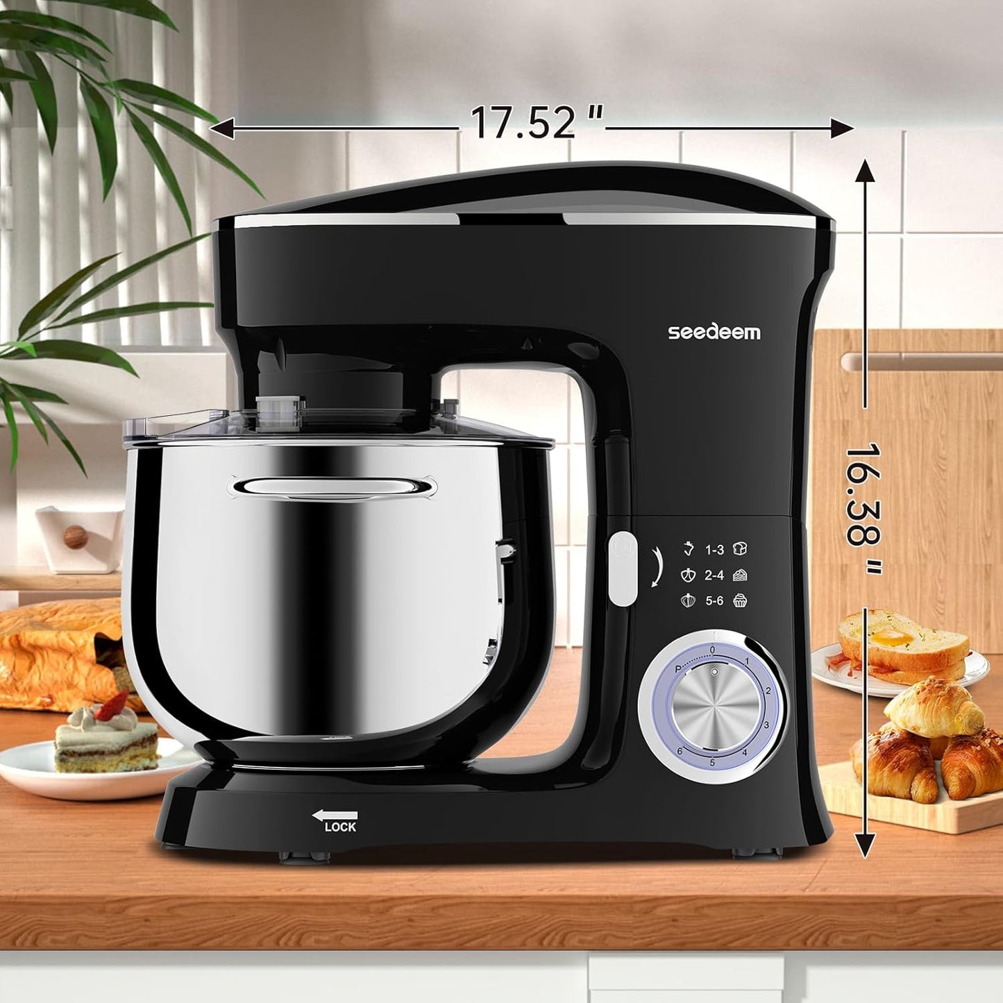 SEEDEEM 8.5 Qt Stand Mixer, 660W 6+P Speeds Electric Stand Mixer, Tilt-Head Kitchen Mixer with Dishwasher-Safe Dough Hook, Wire Whip & Beater for dough mixer Baking Daily Use, Black