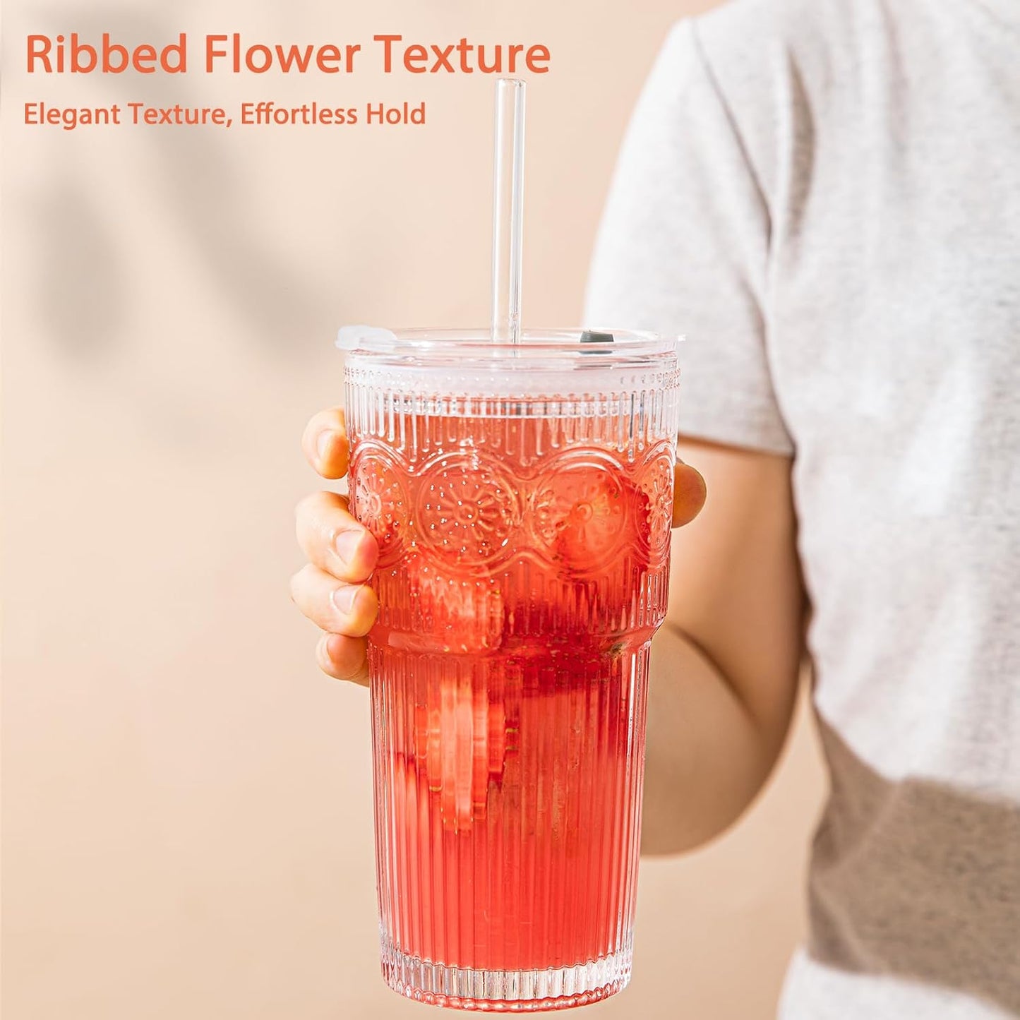 20oz Ribbed & Floral Glass Tumbler Set of 4 – Reusable Glass Cups with Lid and Glass Straw, To-Go Iced Coffee Cups for Water, Smoothie, Milk, Cocktail & More – Perfect for Daily Use & Travel