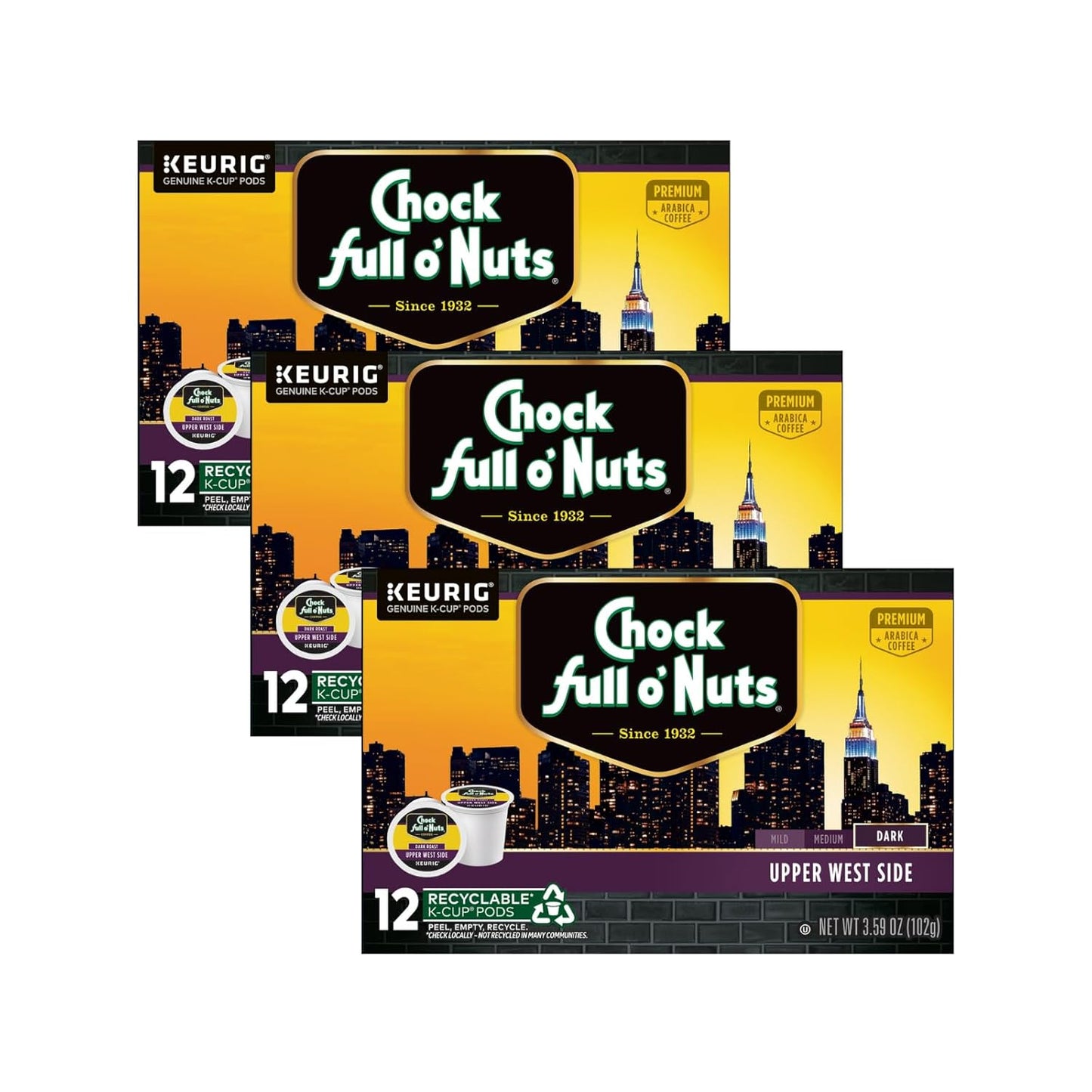 Chock Full o'Nuts Upper West Side Coffee, Dark Roast, Compatible with K-Cup Pods, 12 CT (Pack of 3)