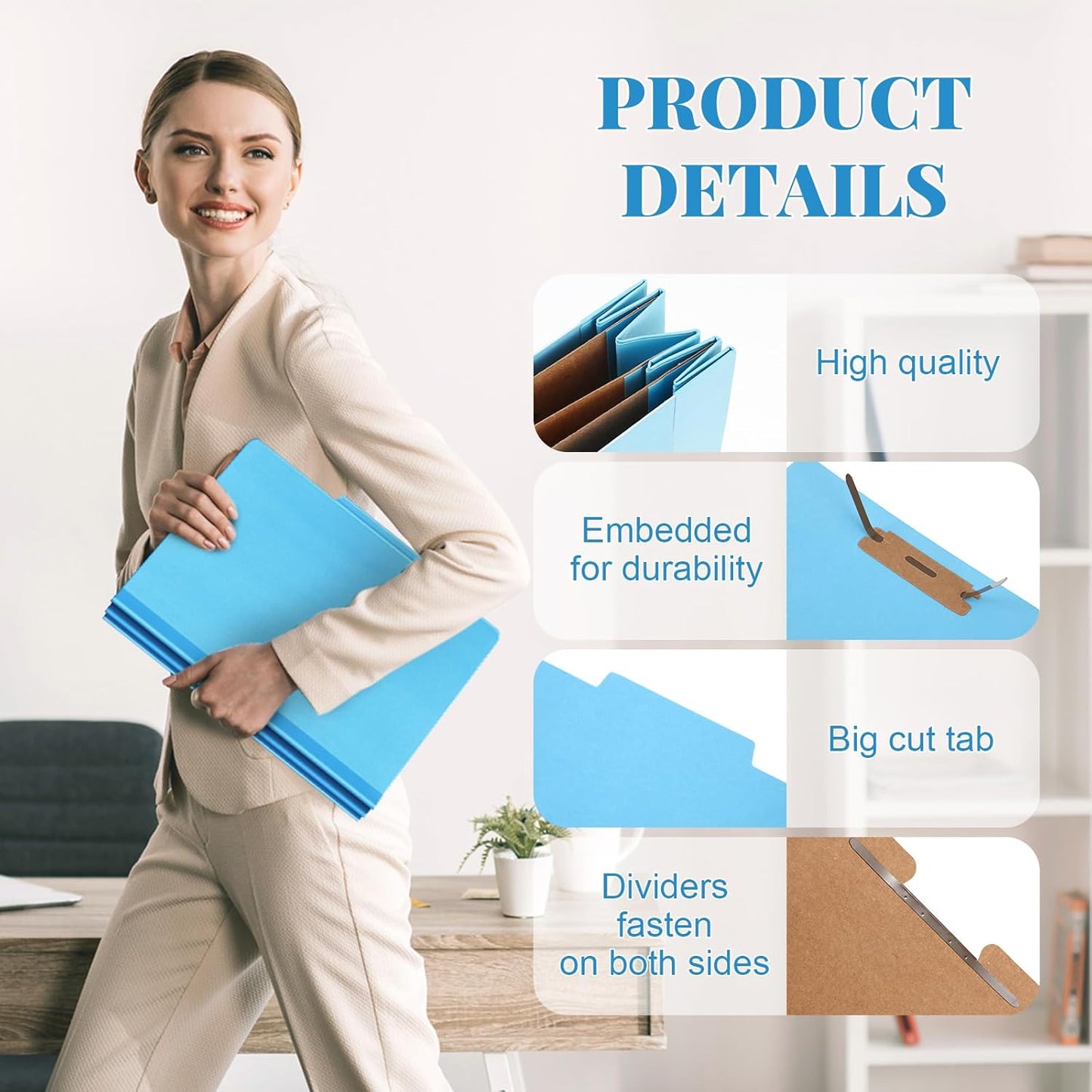 48 Pcs Classification Folders Letter Size, Back to School Supply for Teacher, Student, 3 Dividers Pressboard File Folder Bulk with 2 Fasteners, 3.5 Inch Expanding File Organizer (Blue)