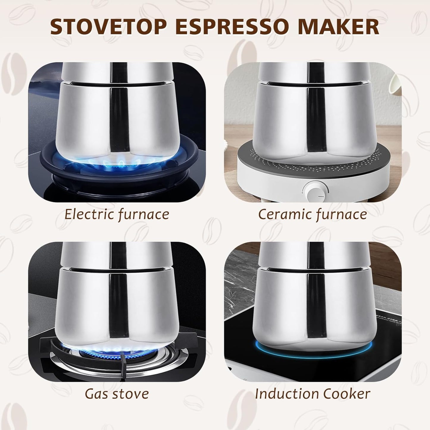 Stovetop Espresso Maker, 6 cup Moka Pot, Italian Coffee Maker Percolator, Stainless Steel Espresso Pots, 300ml/10oz(Espresso Cup=50ml/1.7oz) Coffee Pot Cafe Maker for Induction Cookers, Hobs