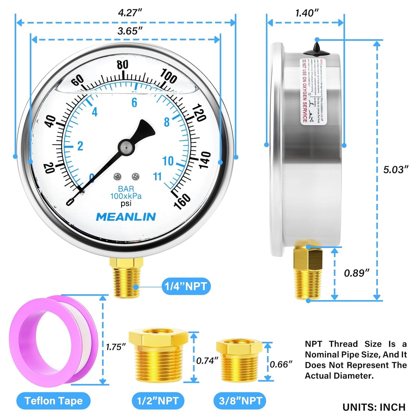 MEANLIN MEASURE 0~160Psi Stainless Steel 1/4" NPT 4" FACE DIAL Liquid Filled Pressure Gauge WOG Water Oil Air Lower Mount, with 1/4" x 1/2" NPT and 1/4" x 3/8" NPT Hex Bushing