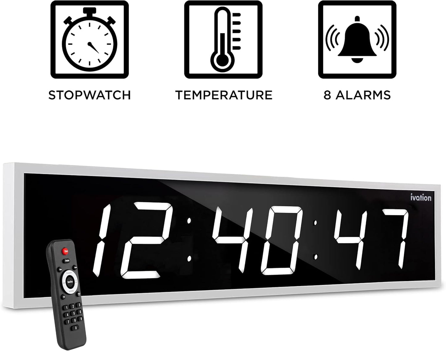 Ivation Huge Oversized 72" Large Digital LED Clock | Big Digital Clock w/Multi-Function Display – Stopwatch, Timer, Alarms, Temp & Date | 6 Brightness Levels, Time Memory & Remote (White)