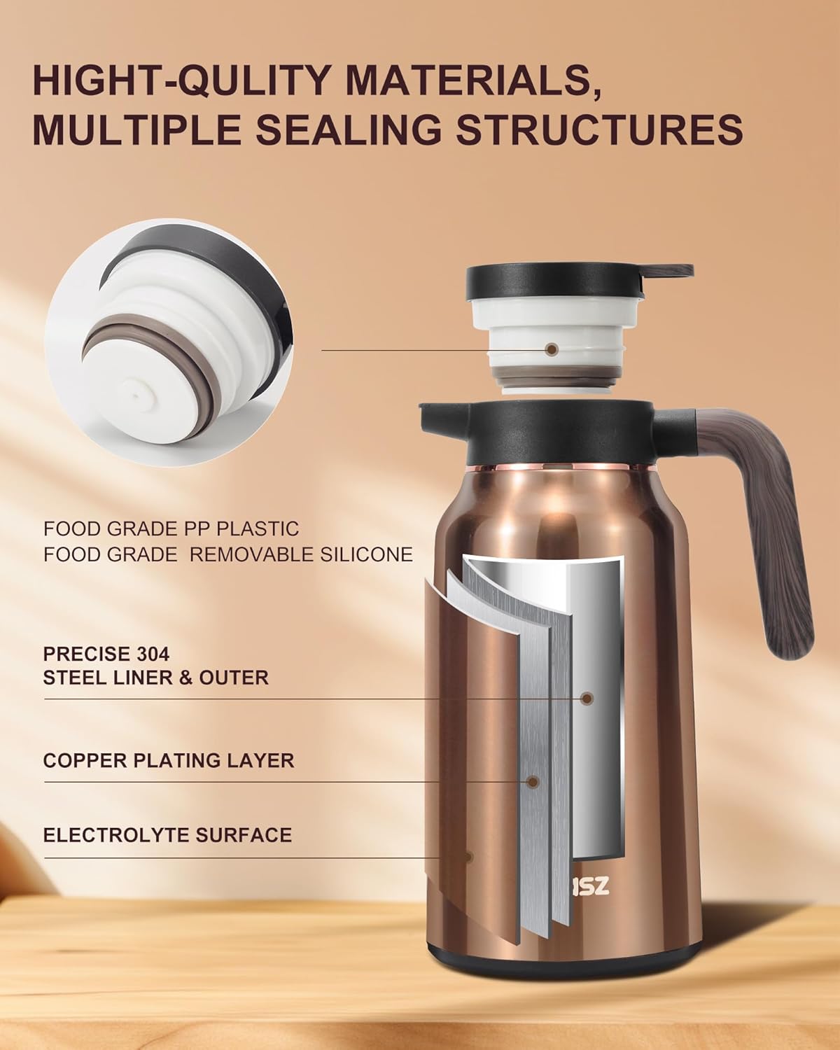 2 PCS Thermal Coffee Carafe 70 oz - 36 Hour Stainless Steel Carafes for Hot Liquids-Insulated Coffee Carafes For Keeping Hot/Cold Coffee, Tea, (Black+Gold)