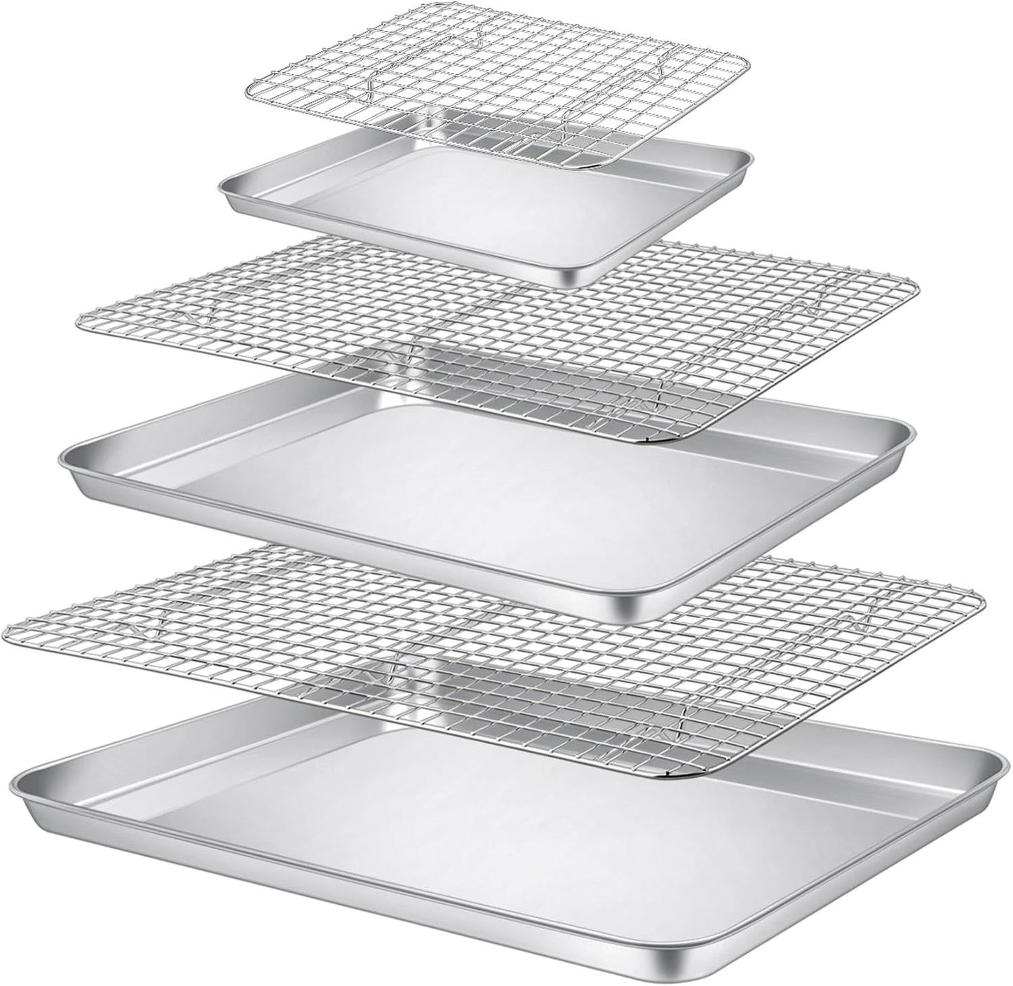 P&P CHEF 17.5 + 16 + 10.4 Inch Baking Sheet and Rack Set, Stainless Steel Cookie Sheets Oven Baking Pans Trays with Cooling Racks for Cooking & Roasting, Oven & Dishwasher Safe, (6Pcs)