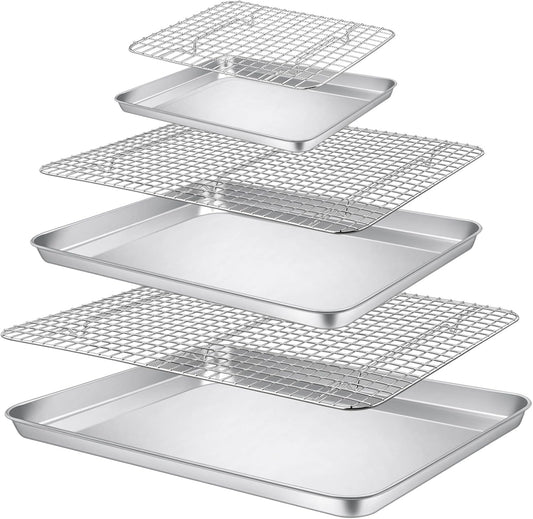 P&P CHEF 17.5 + 16 + 10.4 Inch Baking Sheet and Rack Set, Stainless Steel Cookie Sheets Oven Baking Pans Trays with Cooling Racks for Cooking & Roasting, Oven & Dishwasher Safe, (6Pcs)