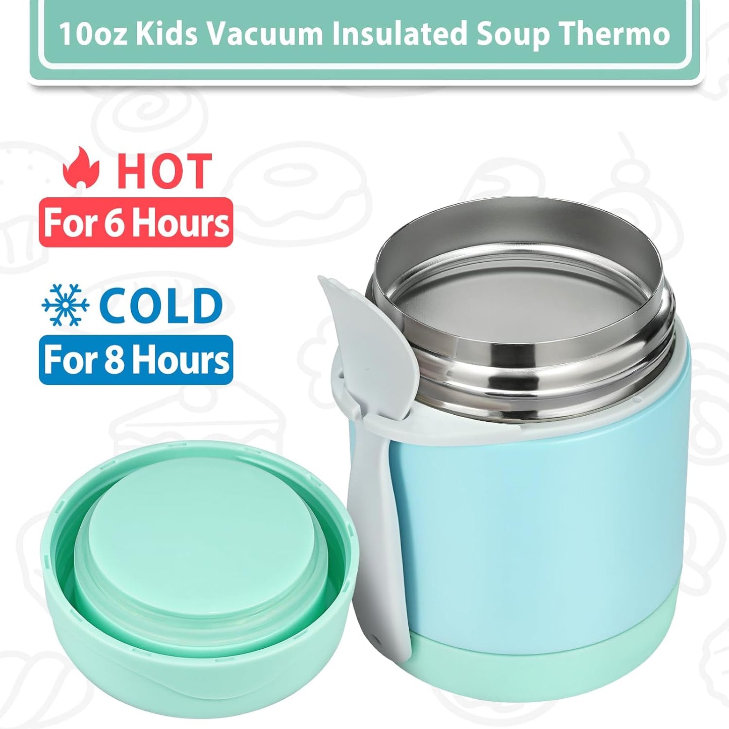 10oz Soup Thermo for Hot Food Kids,Lunch Thermo Kids Food Jar with Spoon Hot Insulated Food Containers,Leak Proof Stainless Steel Wide Mouth Lunch Food Thermo Jar for School(Mint-Green)