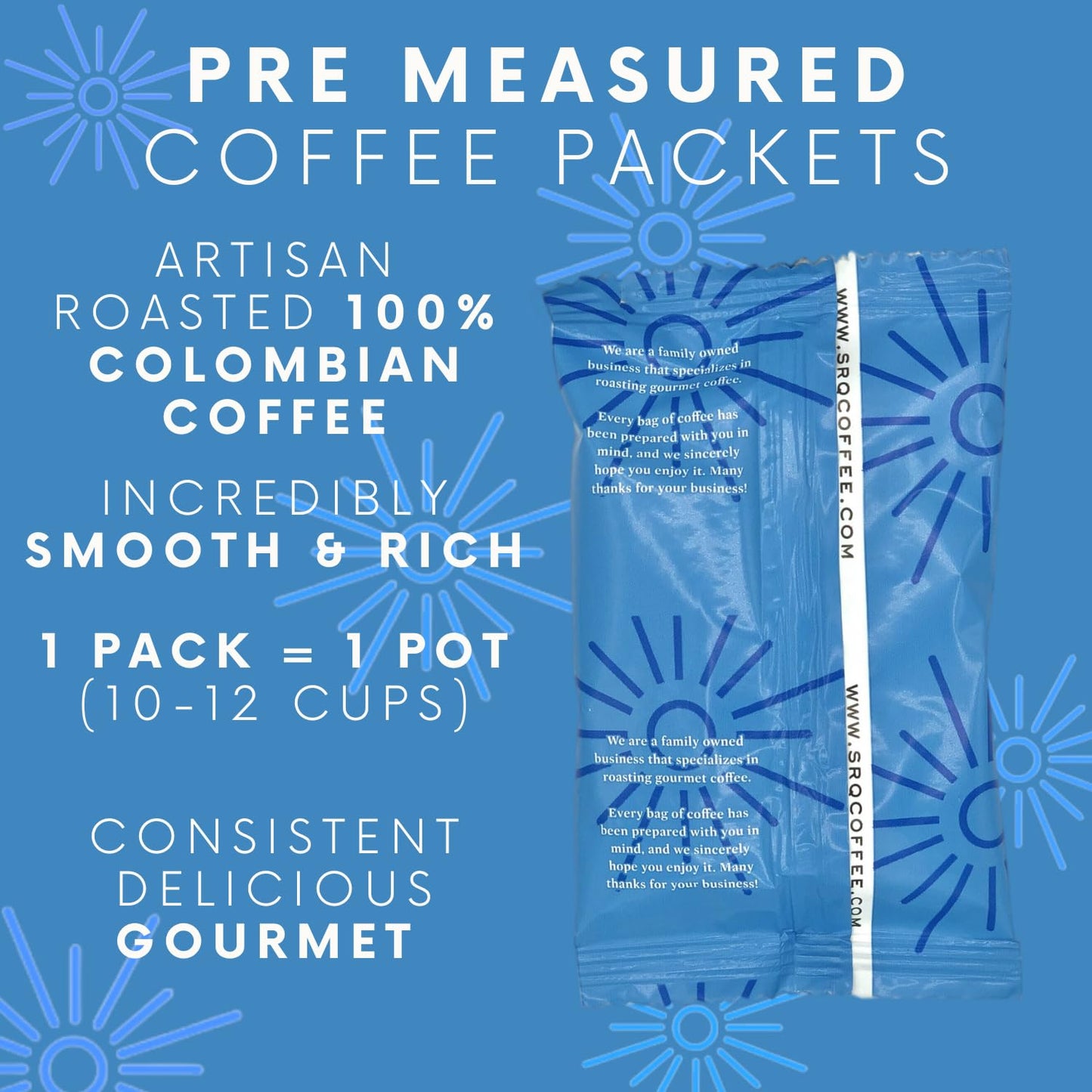 Ground Coffee | Colombian Medium Roast Low Acid Mold Free Pouches | Bulk Packets | Gourmet Columbian Powder Packs for 12 Cup Drip Maker | Premium Highest Rated Individual Premeasured Commercial Bags