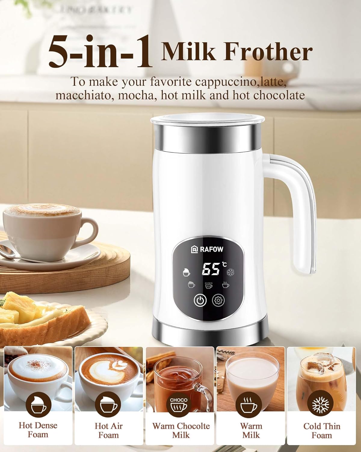 5-in-1 Milk Frother and Steamer - Upgraded Automatic Milk Steamer 11.8oz Hot & Cold Foam Maker and Milk Warmer with LED Display Touch Screen & Two Whisks for Latte,Cappuccinos,Silent Working