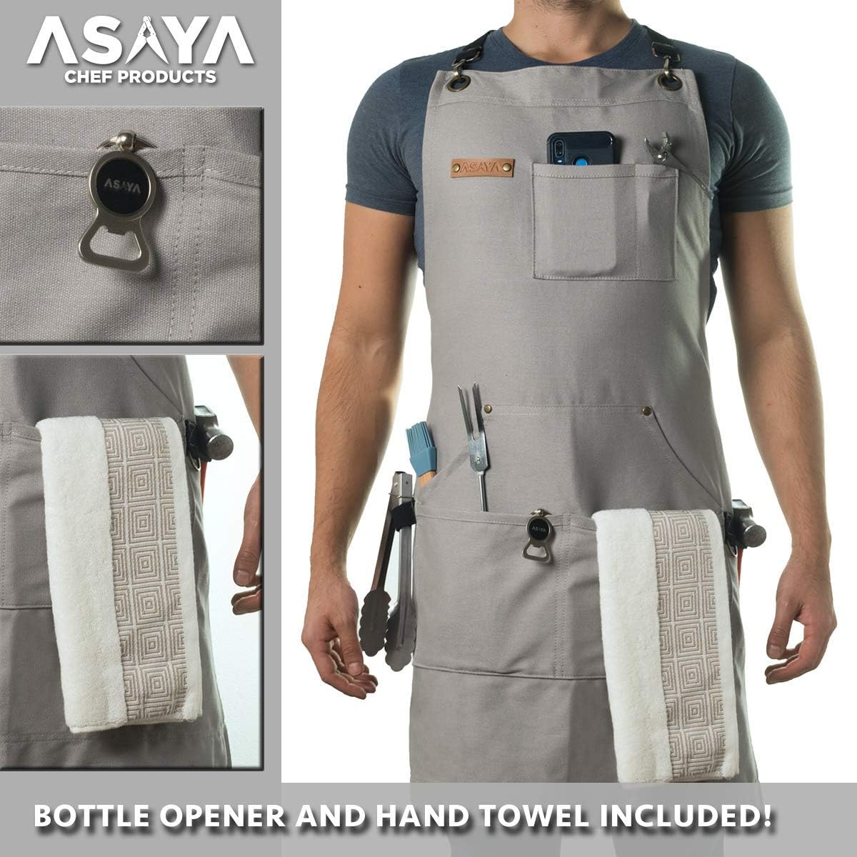 Asaya Chef and BBQ Apron with Bottle Opener and Hand Towel - 10oz Cotton Canvas, Stainless Steel Hardware - Cross Back Straps