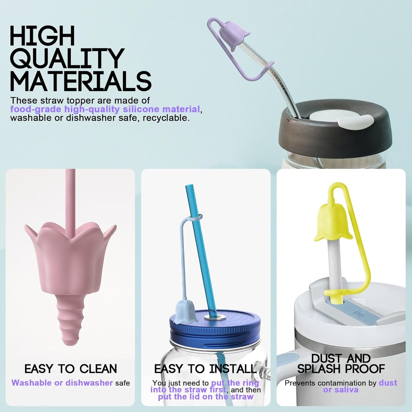 9Pcs Silicone Straw Covers for Stanley Yeti Tumbler Cup, Reusable Drinking Straw Cap Easy to Clean, Dust-Proof Flower Straw Topper Compatible for 6-10m/0.23-0.4inch Straws (Multi color B)