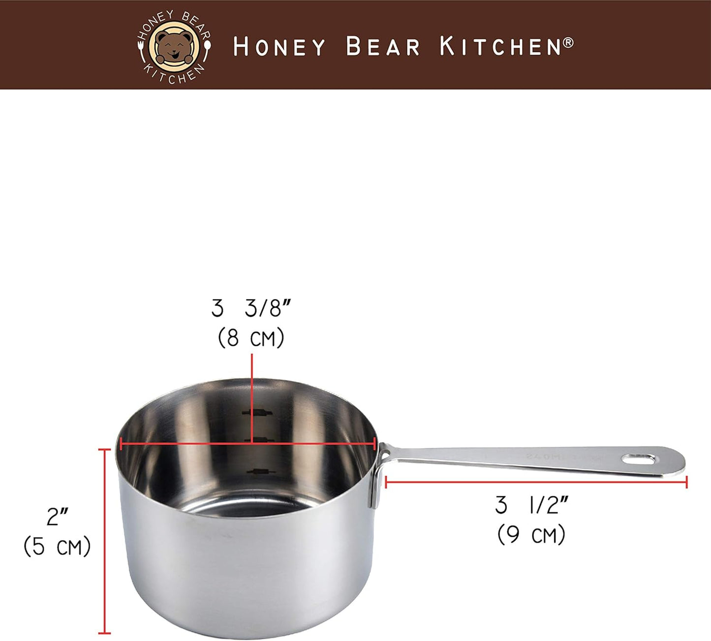 Honey Bear Kitchen 1 Cup 240 ml Measuring Scoop Cups, Polished Stainless Steel (Set of 2)