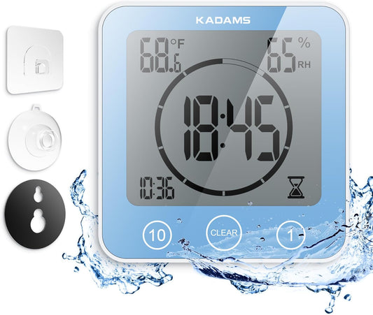 KADAMS Shower Clock Waterproof Bathroom Timer – Digital Wall Clock with Countdown, Magnetic Kitchen Clock with Temperature & Humidity, Suction Cup for Kids Shower Spa Sauna Cook Bath, Blue