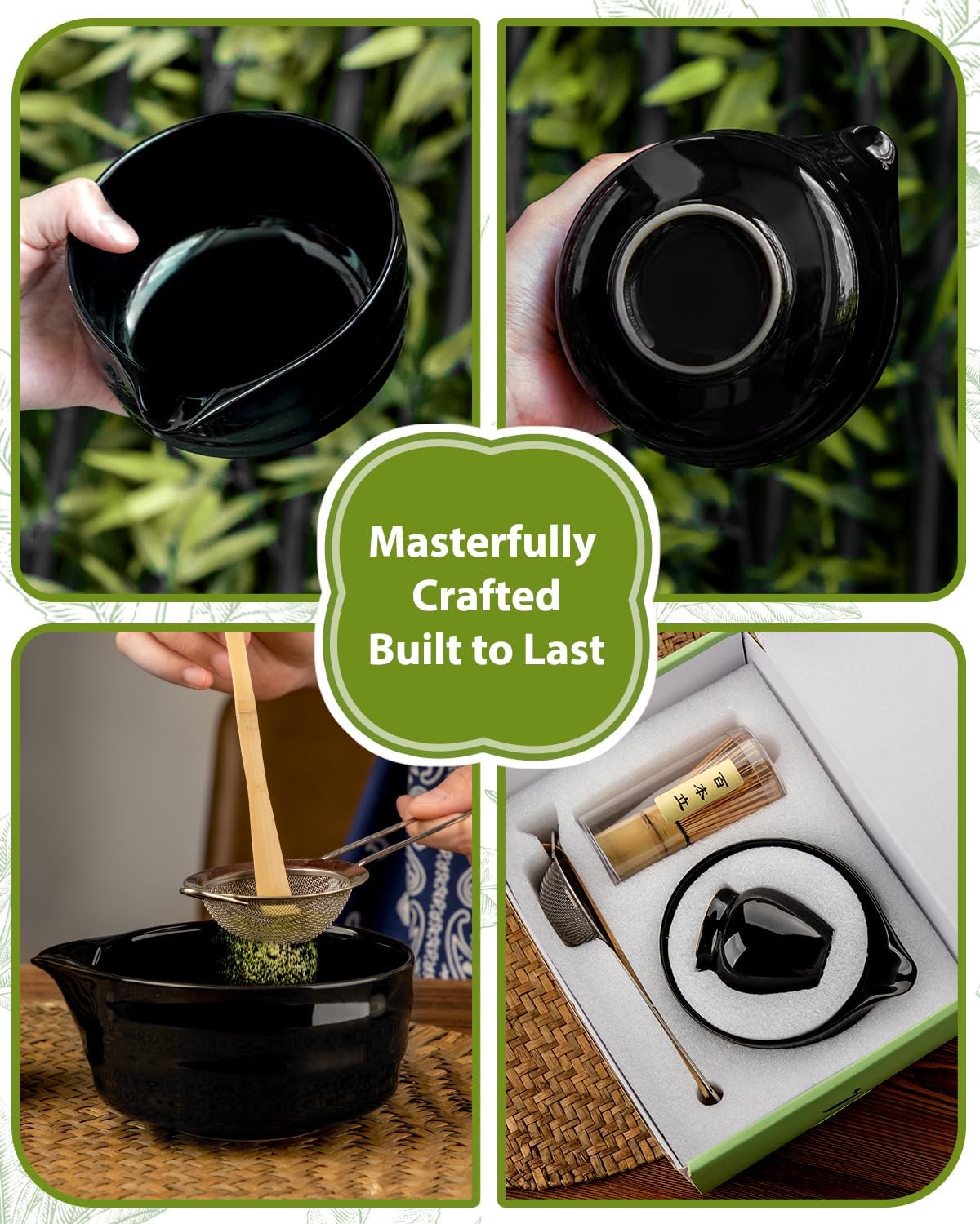 Matcha Whisk Set - 5PCS Matcha Set Includes 17OZ Chawan with Spout, Bamboo Chasen Whisk with Ceramic Holder, Wooden Scoop and Stainless Sifter, Matcha Kit for Ceremony, Gift for Matcha Lovers