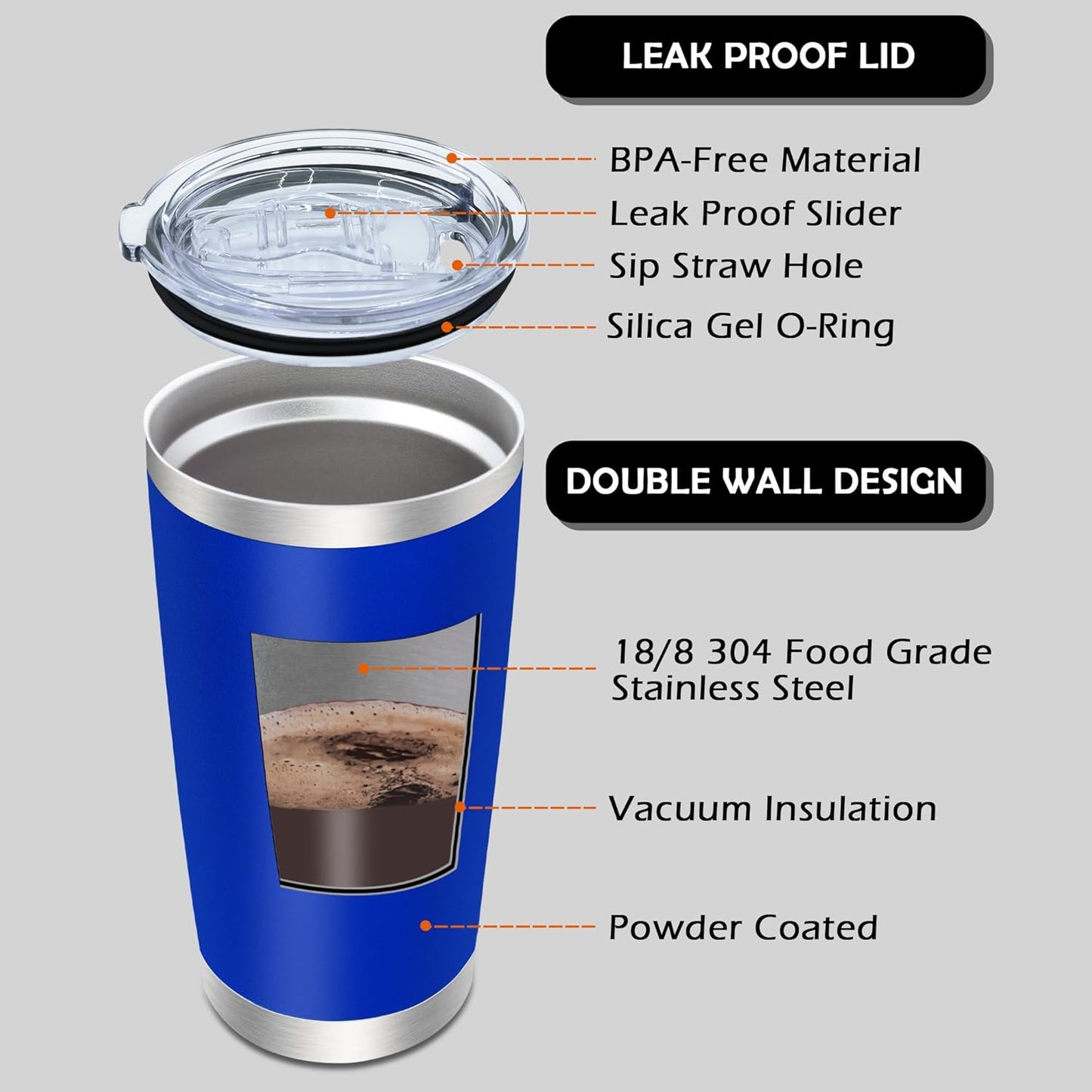 20oz Tumbler Bulk Stainless Steel Tumblers with Lid Vacuum Insulated Double Wall Travel Coffee Mug Powder Coated Tumbler Cup for Hot and Cold Drinks(Dark Blue, 1 pack)