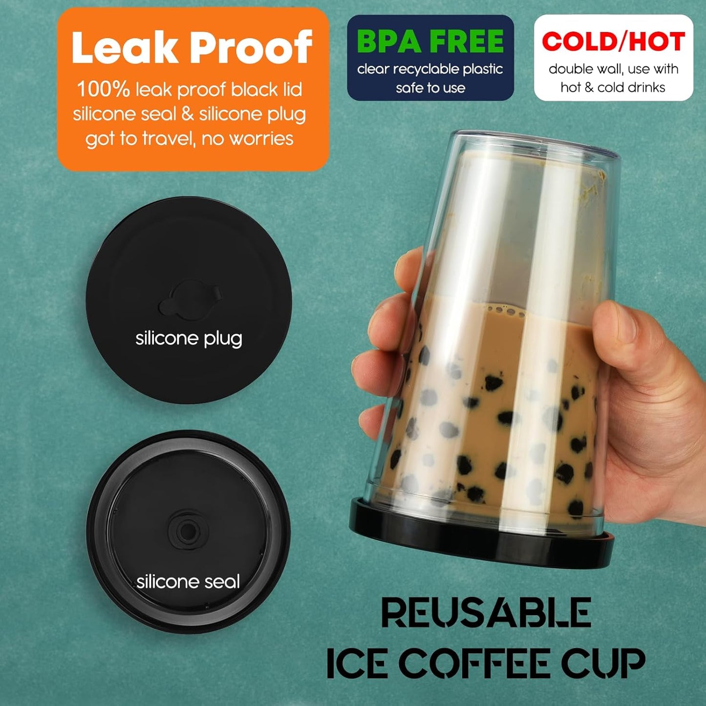 ALINK Reusable Iced Coffee Cup with Lid and Straw, 16 oz Grande Boba Tea Smoothie Cup, Leak Proof Double Wall Insulated Iced Coffee Tumbler for Hot Cold Drinks, Milkshaks, With 2 Boba Straws 1 Brush