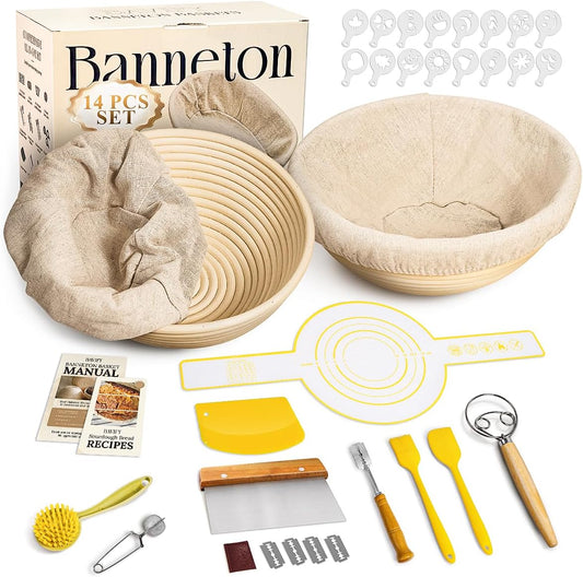 9 Inch Round Banneton Bread Proofing Basket Sourdough Starter Kit, Sourdough Bread Baking Supplies with Bread Lame, Sling, Spatula, Scraper, Dough Whisk