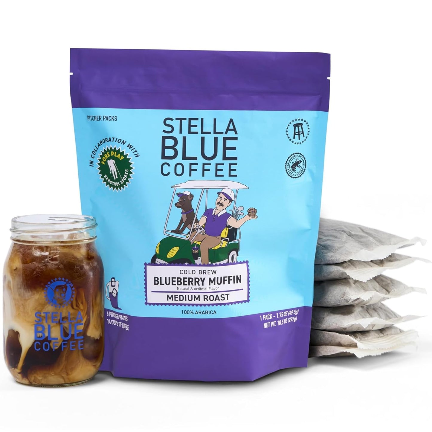 STELLA BLUE Fresh Cold Brew Coffee | Blueberry Muffin | 100% Arabica Medium Roast | Notes of Blueberry Cinnamon and Brown Sugar | Cold Brew Packets | Makes 24 Pods | 6 Easy Cold Brew Pouches