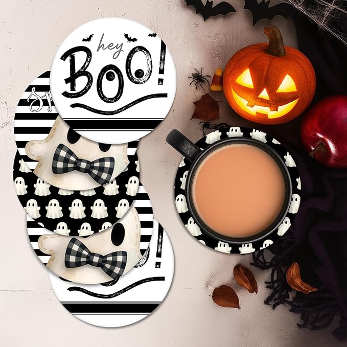 Coaster for Drinks Set of 6, Halloween Hey Boo Cute Ghost Spooky Black White Absorbent Round Ceramic Stone Mat, with Cork Base and Metal Holder, Gift for Housewarming Room Bar Decor