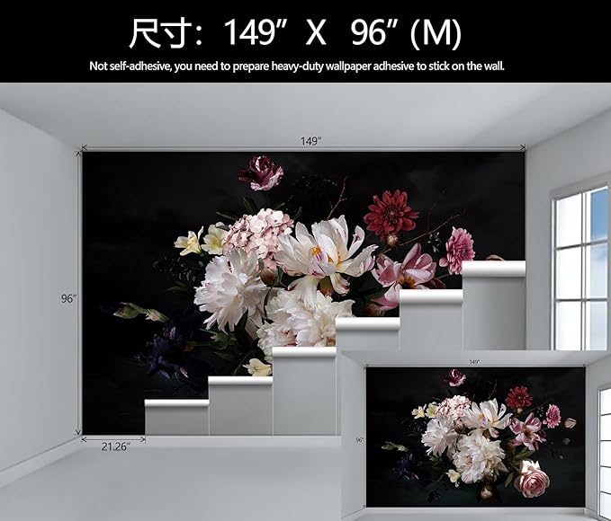 Dark Floral Wallpaper Mural Vintage Peony Flowers Black Background Wall Mural Bedroom (Not Peel and Stick)