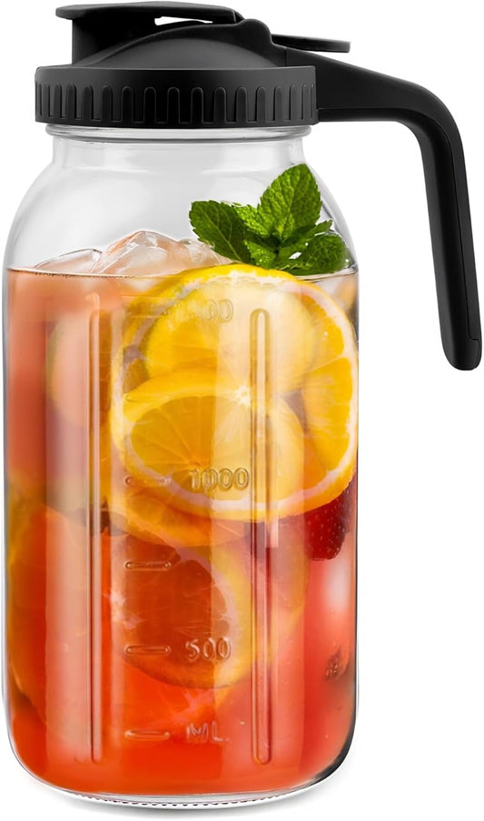 64oz Glass Pitcher with Lid-2 Quart, Leak-Proof Wide Mouth Jar with Pouring Airtight Lid, Heavy Duty Glass Mason Jar Pitcher, Ideal Container for Water, Juice, Milk and Drinks Storage