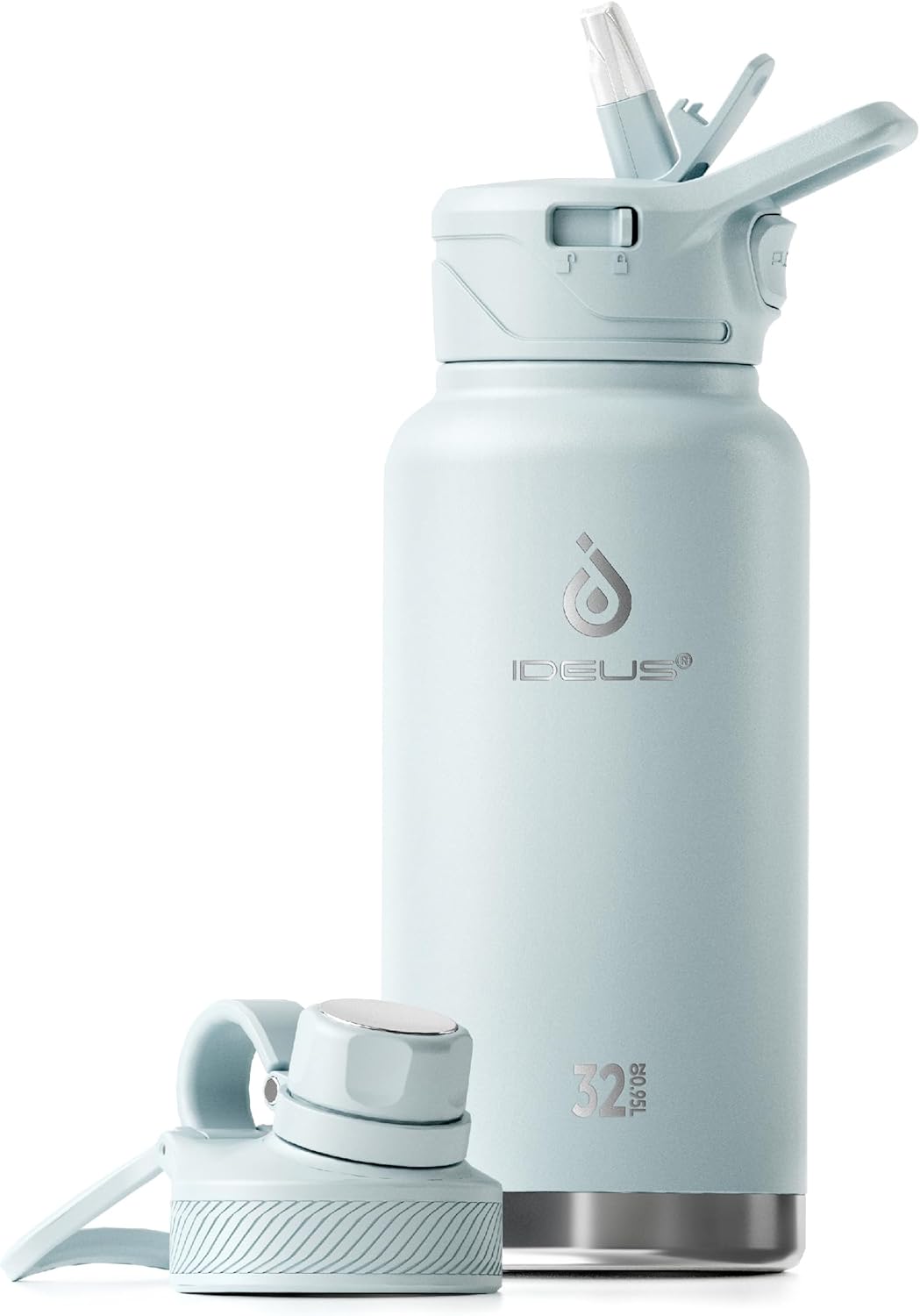 IDEUS Insulated Stainless Steel Water Bottle with 2 Leak-Proof Lids, Thermal Water Flask for Hiking Biking, 32oz, Light Blue