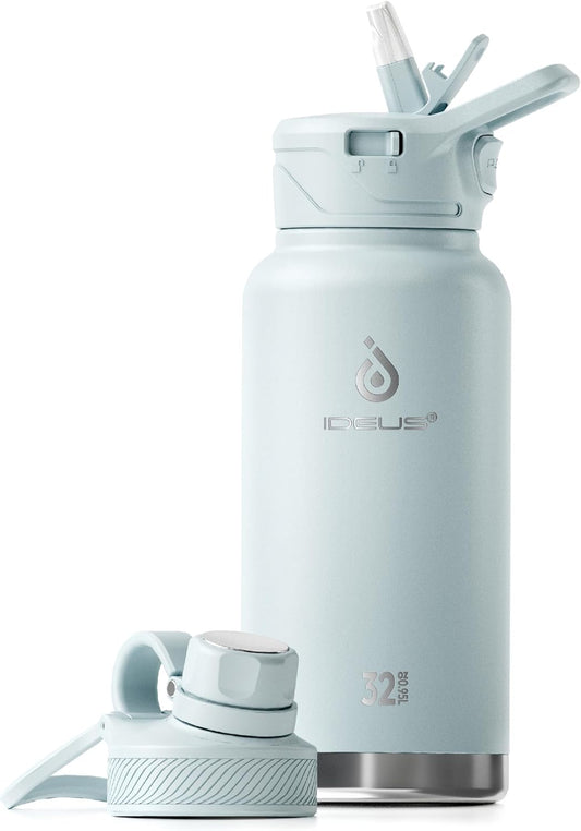 IDEUS Insulated Stainless Steel Water Bottle with 2 Leak-Proof Lids, Thermal Water Flask for Hiking Biking, 32oz, Light Blue