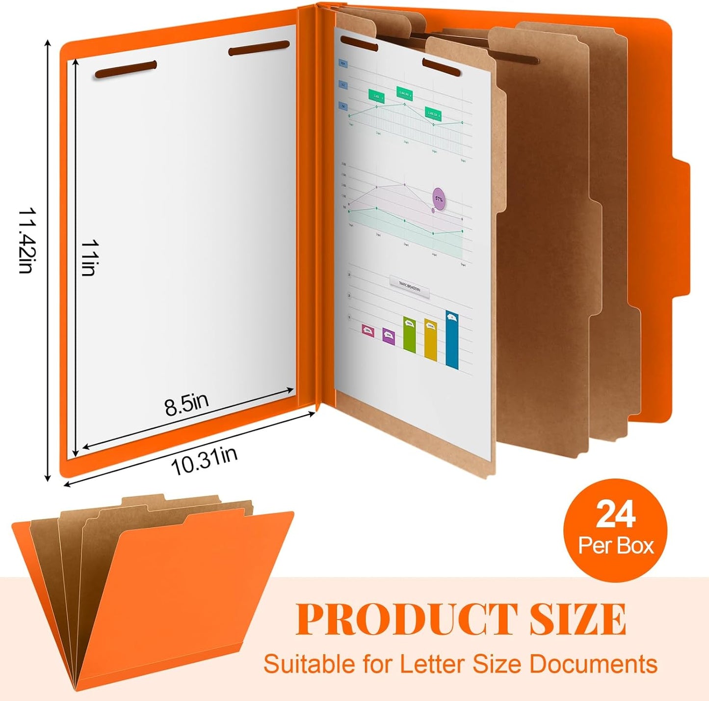 24 Pcs Classification Folders Letter Size, Back to School Supply for Teacher, Student, 3 Dividers Pressboard File Folder Bulk with 2 Fasteners, 3.5 Inch Expanding File Organizer (Orange)