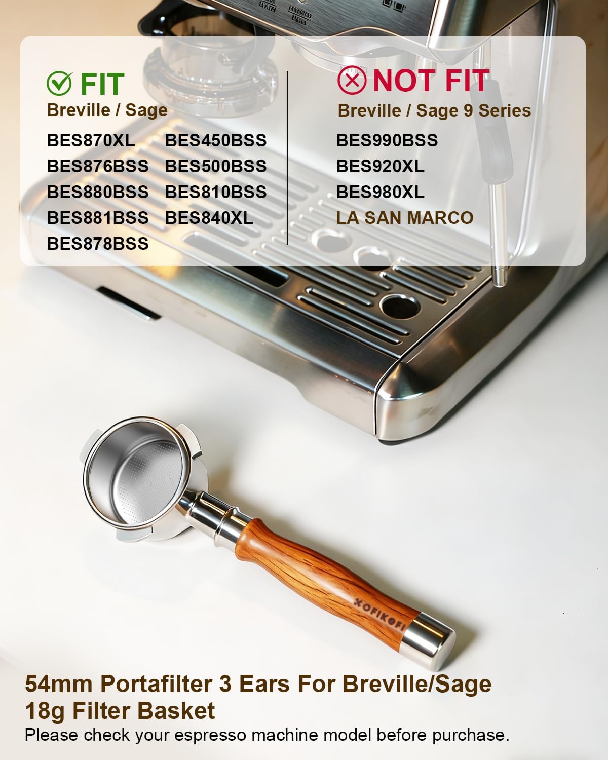 54mm Bottomless Portafilter 3 Ears, Bottomless Naked Portafilter Compatible with Breville/Sage Barista Express BES870/876/878/880/881/450/500/810/840, with Puck Screen and 18g Filter Basket - Rosewood