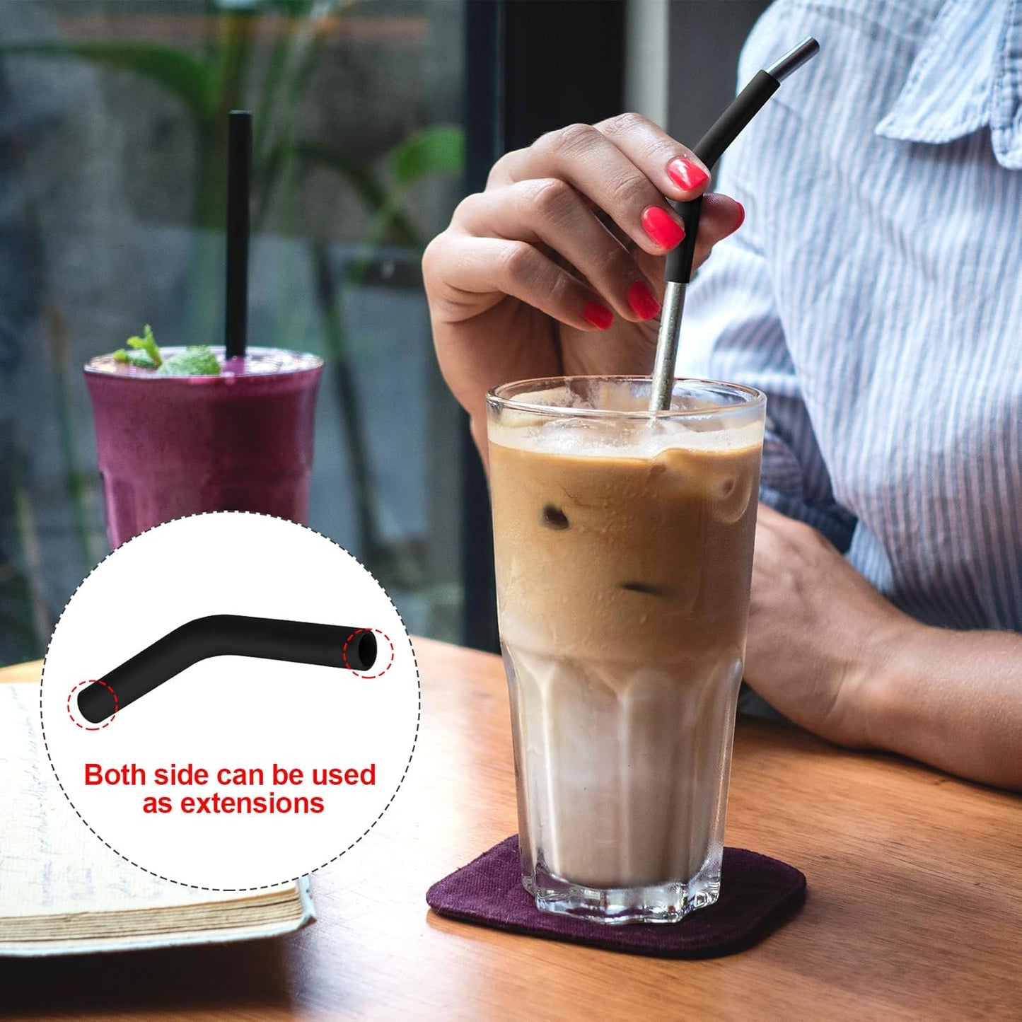 6Pcs Metal Straw Silicone Tips 5/16 IN Wide(8mm Outer Diameter) Food Grade Rubber Flex Elbow Straw Covers Replacement Tip for Stainless Steel Metal Straws,Black