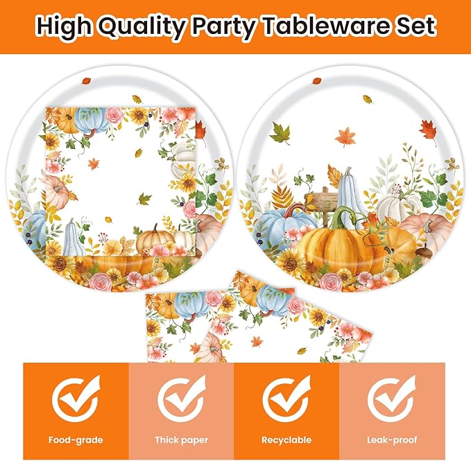 40Pcs Fall Paper Plates and Napkins Party Supplies, Disposable Thanksgiving Pumpkin Flower Wreath Plates Napkins Dinnerware Set for Autumn Theme Party Decorations (Fall)